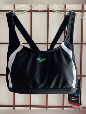NWT Speedo Black/White Eco Flex Criss-Cross Anthracite Bikini Swinsuit Top SZ XS